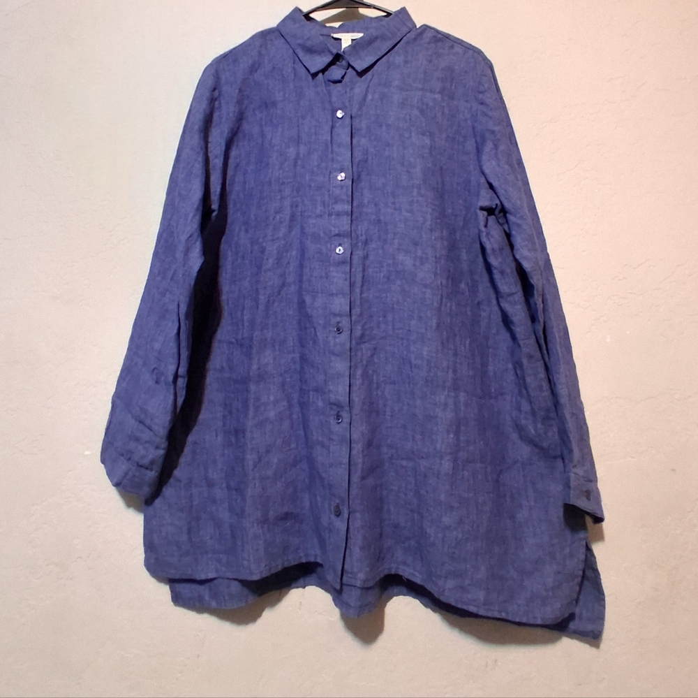 Eileen Fisher Classic Collar Shirt Organic Linen Chambray Blue SzM - Picture 2 of 16